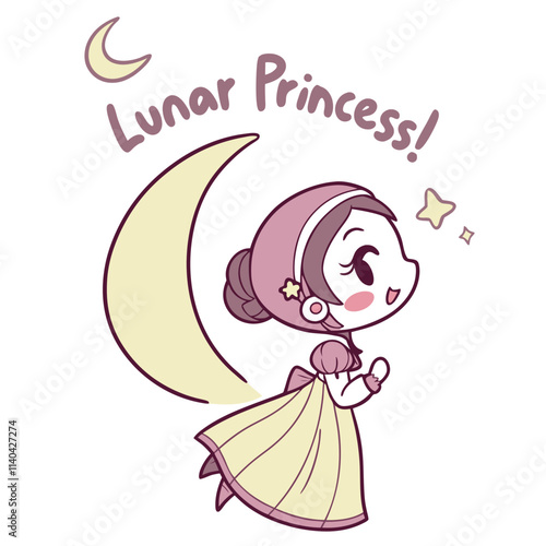 Cute Lunar Princess Character with Moon and Stars in Whimsical Style for Children's Art