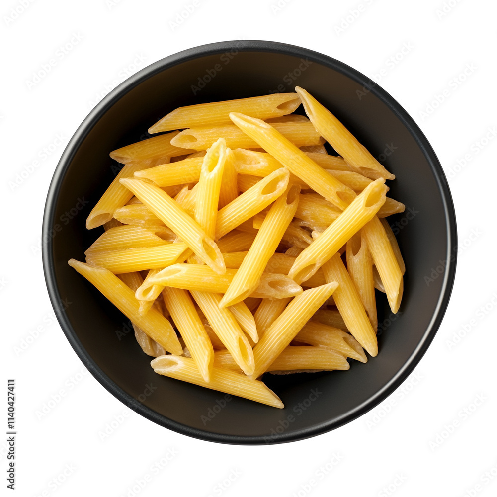 Top view of penne on a dark bowl isolated on a white transparent background Top view of penne on a dark bowl isolated on a white transparent background