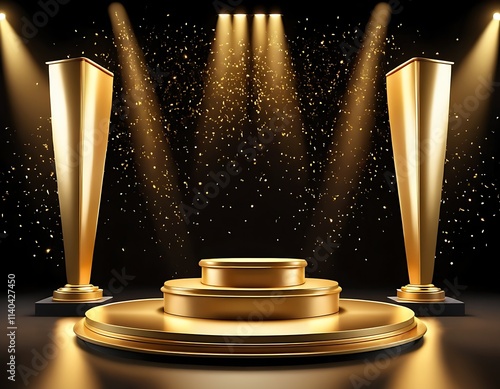 Gold background podium award stage light golden win 3D platform. Background luxury gold podium winner ceremony spotlight star abstract shine prize champion design product template