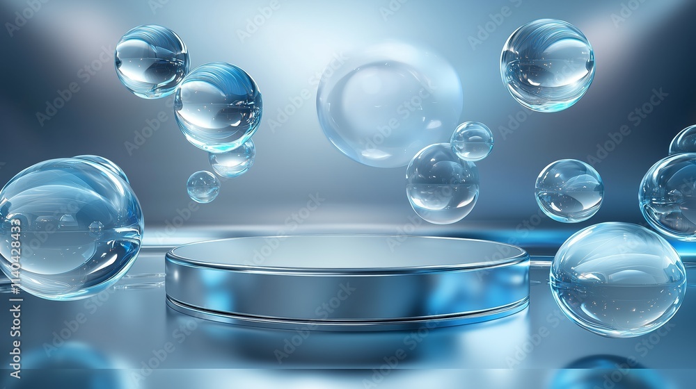 Modern 3D Podium Surrounded by Ample Empty Space and Bubbles Modern 3D Podium Surrounded by Ample Empty Space and Bubbles