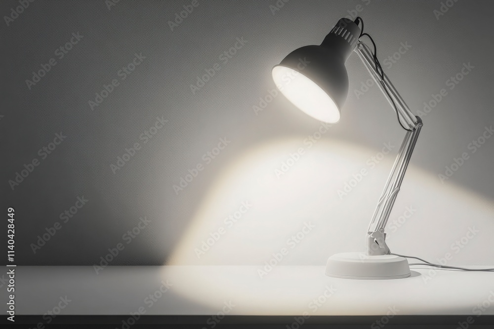 Modern desk lamp casting soft light on minimalist workspace, perfect for creating a cozy atmosphere and enhancing productivity while working or studying at home Modern desk lamp casting soft light on minimalist workspace, perfect for creating a cozy atmosphere and enhancing productivity while working or studying at home