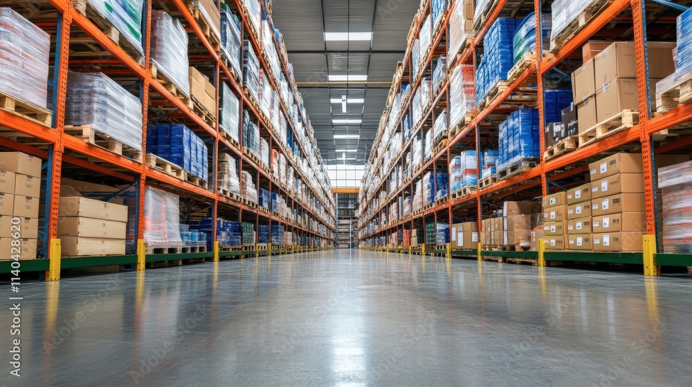 A spacious warehouse filled with neatly stacked boxes on shelves, showcasing organized storage and efficient logistics. A spacious warehouse filled with neatly stacked boxes on shelves, showcasing organized storage and efficient logistics.