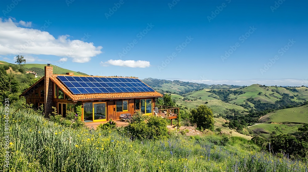 Sustainable Hillside Home with Solar Panels: A Sunny Day View. AI Generated Sustainable Hillside Home with Solar Panels: A Sunny Day View. AI Generated