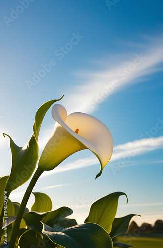 Beautiful Calla Lilies in the morning, bathed in soft sunlight. The elegant white petals and vibrant green leaves create a serene and aesthetic scene. Created With Generative AI. photo