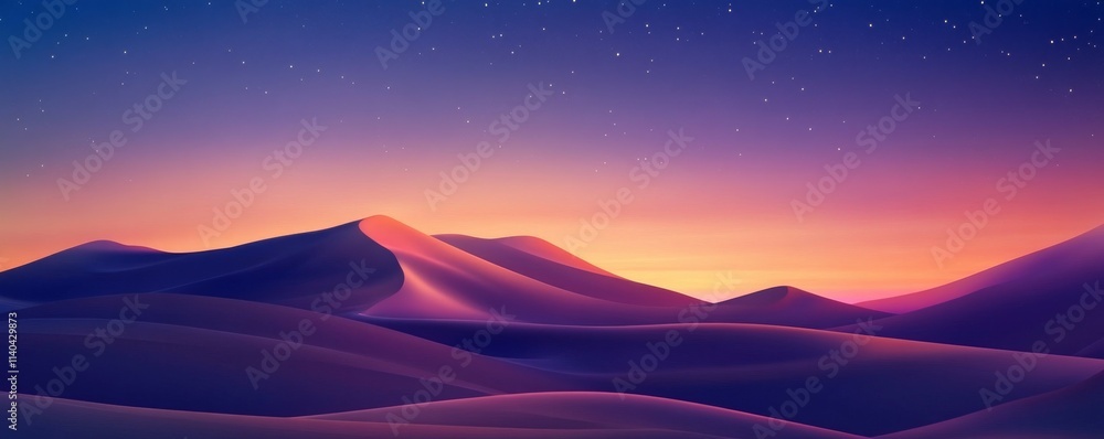 Dawn Landscape, with Desert Sand Dunes. Empty Modern Background with Cool Gradient Starry Sky Dawn Landscape, with Desert Sand Dunes. Empty Modern Background with Cool Gradient Starry Sky