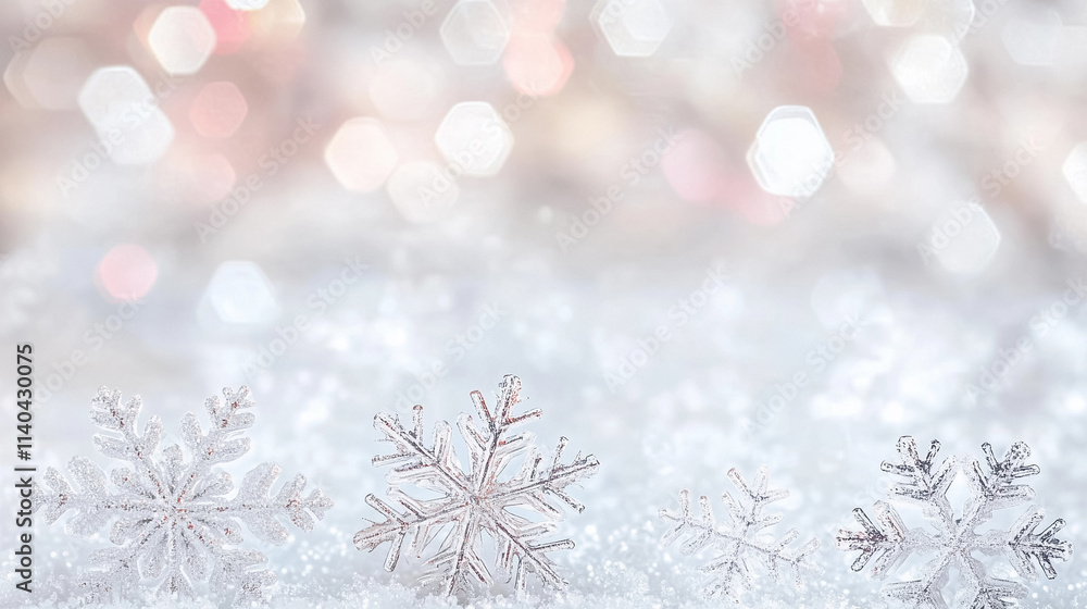 Elegant white snowflakes softly glowing against a blurred snowy background, adding a magical and peaceful charm to the winter scene. Elegant white snowflakes softly glowing against a blurred snowy background, adding a magical and peaceful charm to the winter scene.