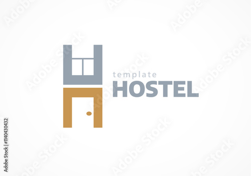 Hostel Abstract Logo Vector Template Emblem. Silhouette Door and Window