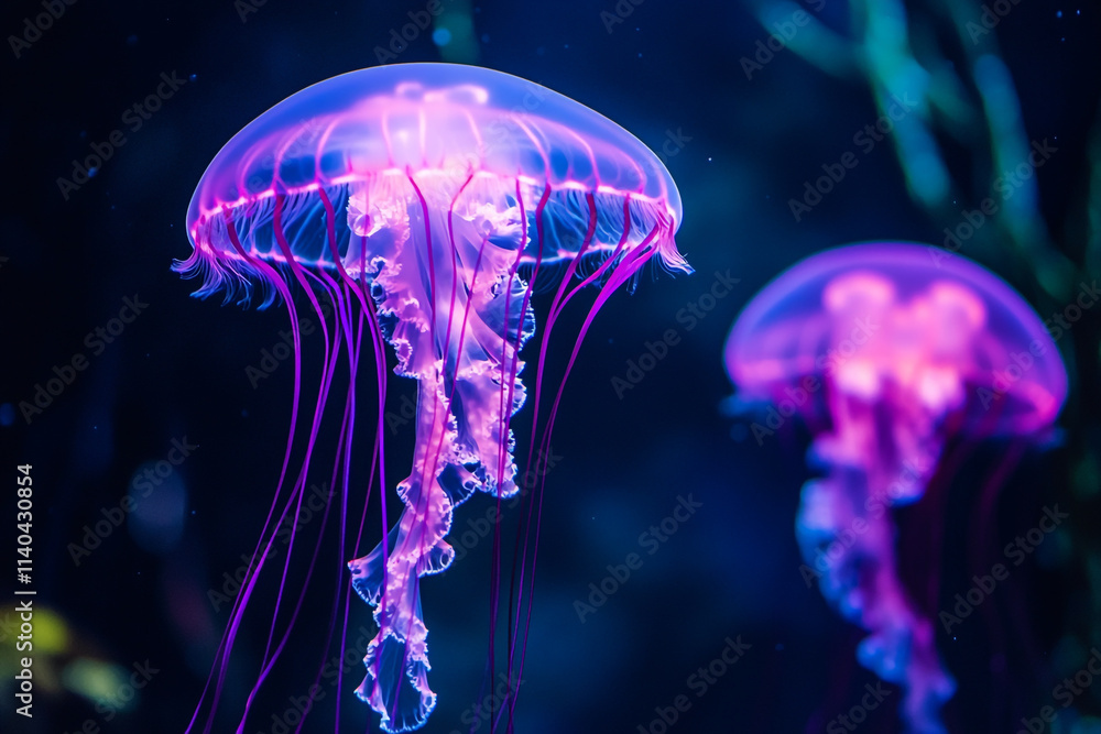 Beautiful jellyfish in the sea, glowing with purple and pink light. Beautiful jellyfish in the sea, glowing with purple and pink light.