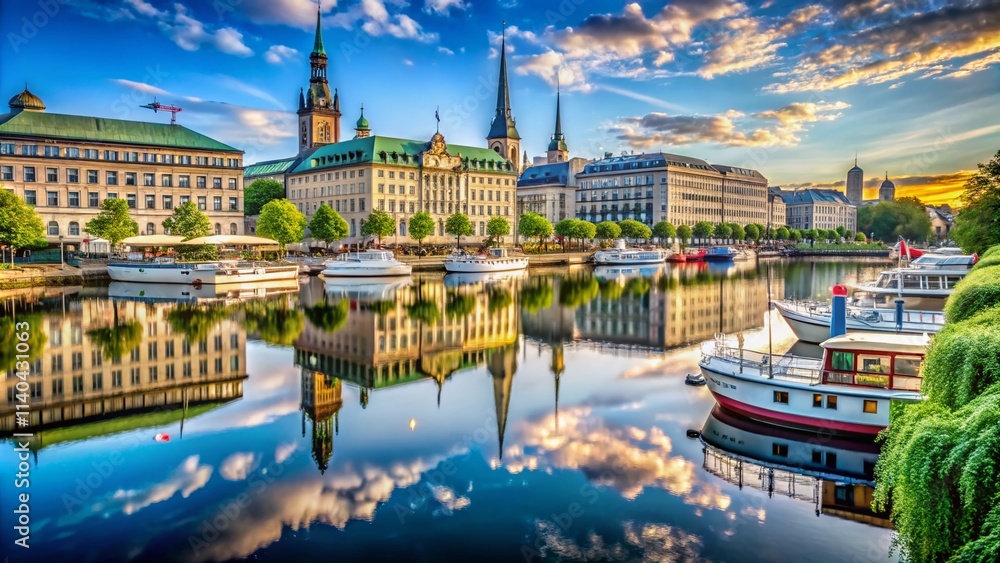 Fototapeta premium Hamburg Binnenalster Lake: Stunning Panoramic Photos, High-Resolution Images, Picturesque Scenery, Cityscape Views, German Landmark Photography