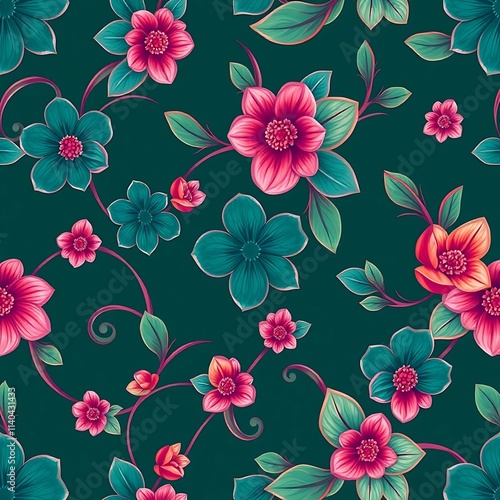 Floral Vines: A vibrant seamless pattern of teal and pink blossoms entwined with lush green vines, perfect for adding a touch of nature to any design project.