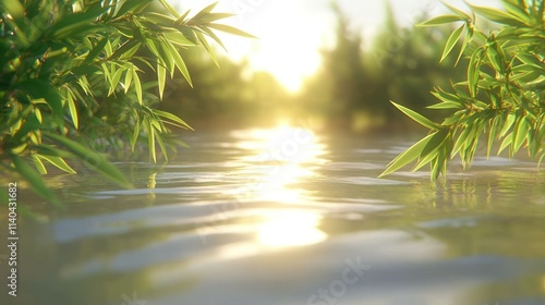 Serene sunset over calm river, bamboo foliage. photo