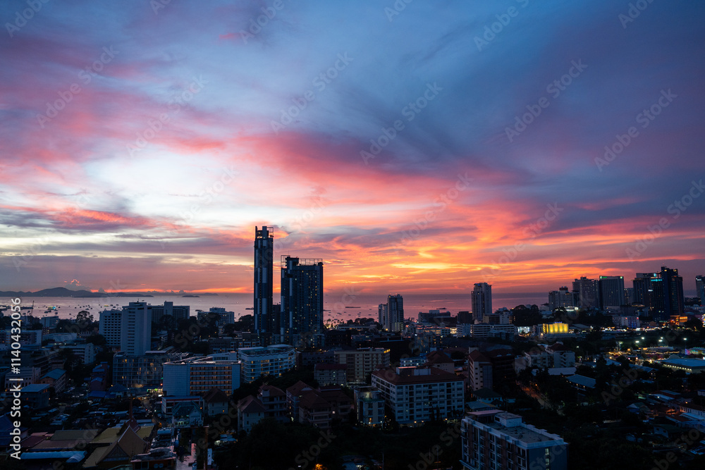Obraz premium Sunset view from the 22nd floor of a condominium in Pattaya town Chonburi district Thailand Asia