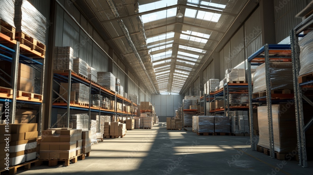 A spacious warehouse filled with stacked pallets and boxes, illuminated by natural light through skylights. A spacious warehouse filled with stacked pallets and boxes, illuminated by natural light through skylights.