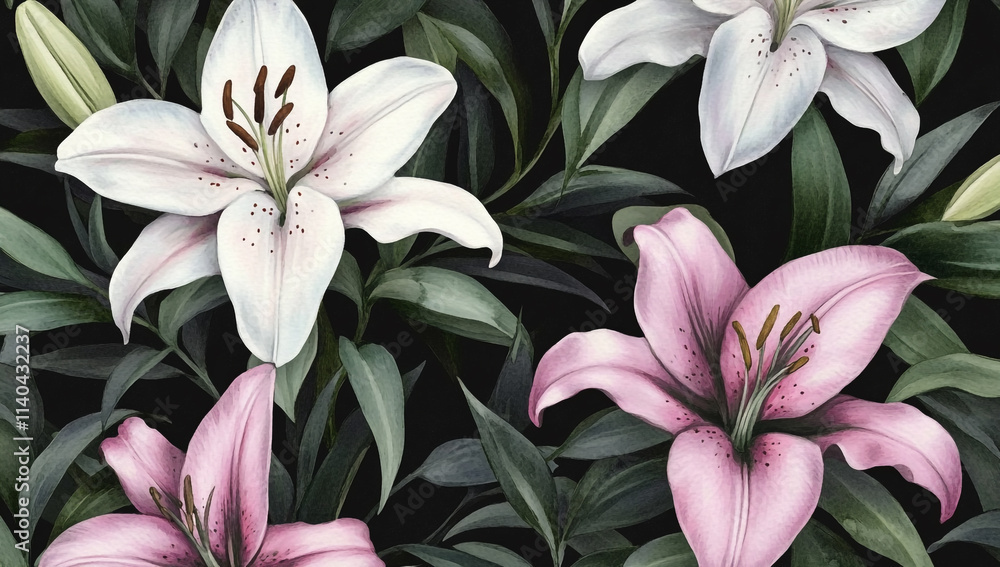 Obraz premium Beautiful lilies in a watercolor seamless pattern with pink and white colors.