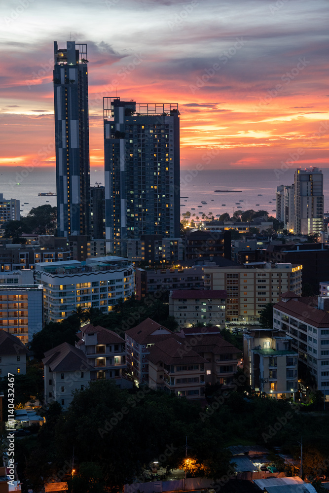 Obraz premium Sunset view from the 22nd floor of a condominium in Pattaya town Chonburi district Thailand Asia