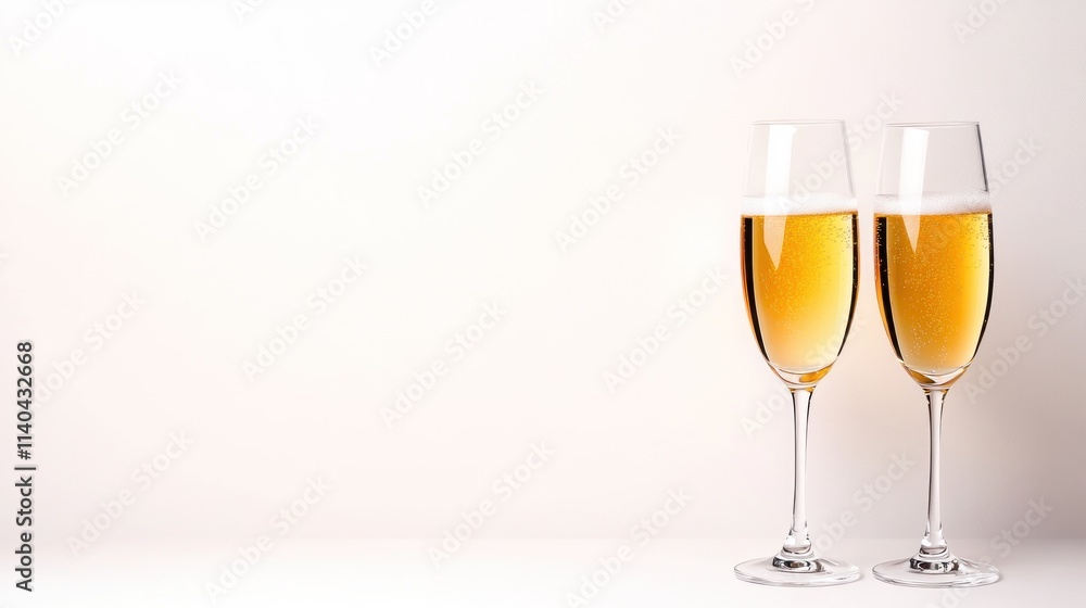 Two elegant champagne glasses filled with bubbly beverage. Two elegant champagne glasses filled with bubbly beverage.