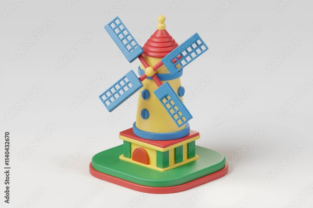 A colorful cartoon windmill stands on a green base showcasing playful 3D design. A colorful cartoon windmill stands on a green base showcasing playful 3D design.