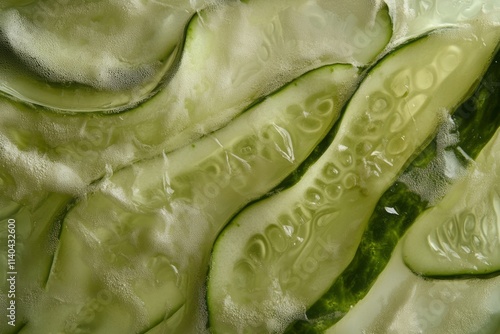 Close-up view of pickled cucumber skin texture showcasing unique patterns and shapes from the pickling process in a vibrant green hue