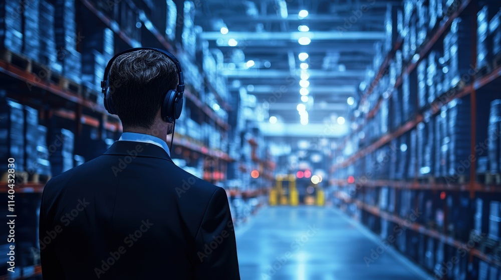 A person in a suit wearing headphones stands in a large, dimly lit warehouse filled with shelves of goods. A person in a suit wearing headphones stands in a large, dimly lit warehouse filled with shelves of goods.