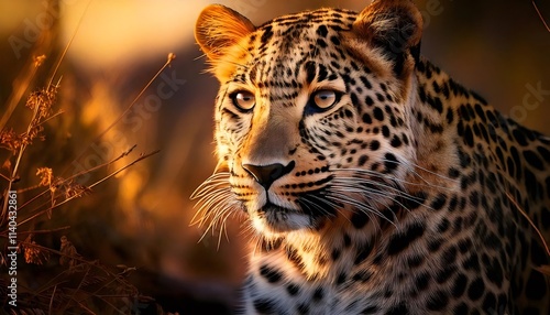 Leopard staring at golden hour in the african savannah
