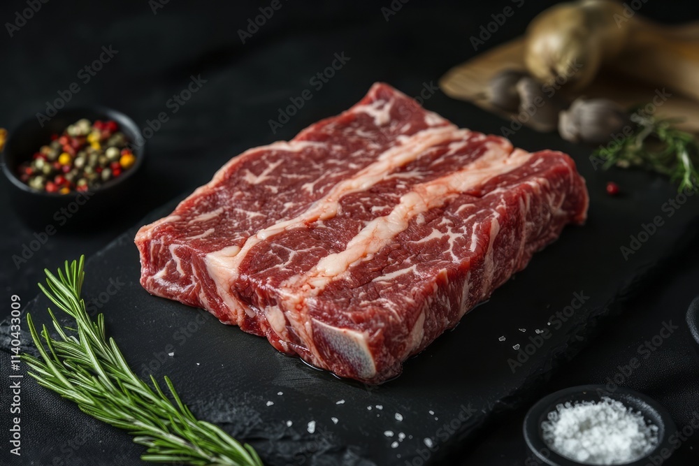 Raw marbled beef texture with spices and herbs on slate background, perfect for grilling or smoking in culinary preparation Raw marbled beef texture with spices and herbs on slate background, perfect for grilling or smoking in culinary preparation