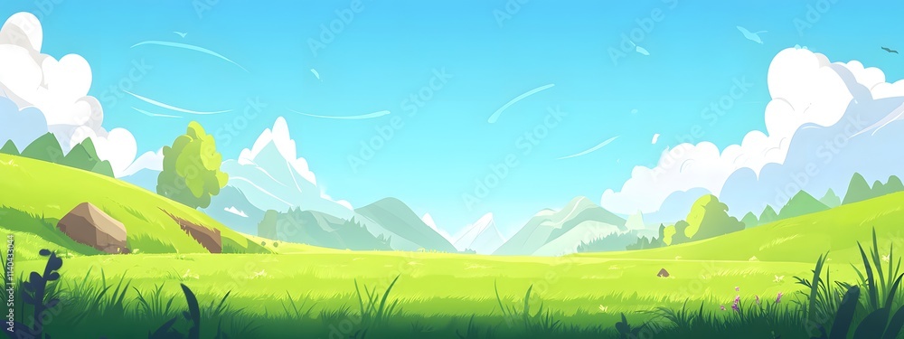 Obraz premium Cute cartoon vector-style landscape view of green fields with a blue sky, simple flat design