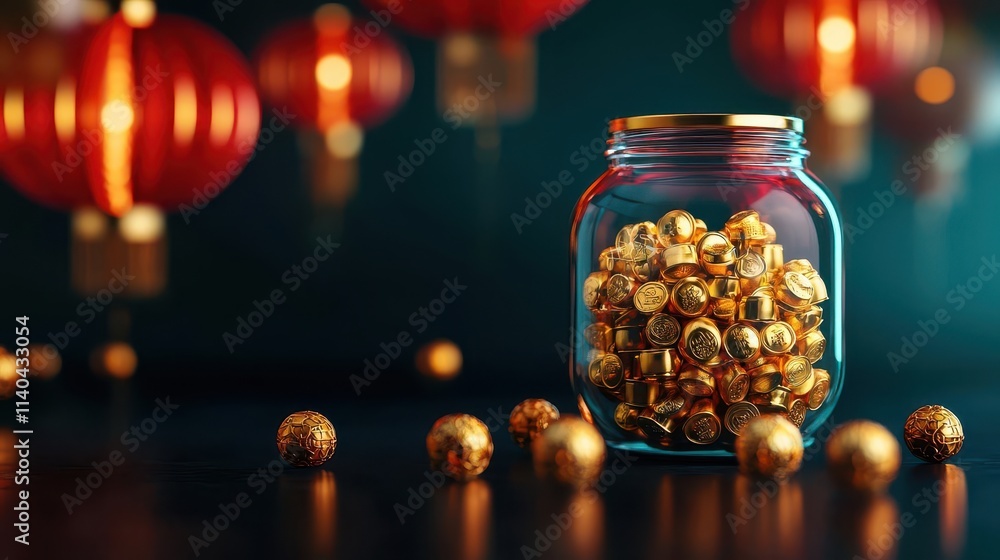 A festive jar of gold ingots with Chinese calligraphy for wealth and prosperity, surrounded by glowing lanterns A festive jar of gold ingots with Chinese calligraphy for wealth and prosperity, surrounded by glowing lanterns