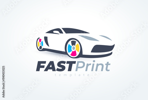 Logo Fast Print CMYK theme. Sports Car silhouette. Template design vector. White background.