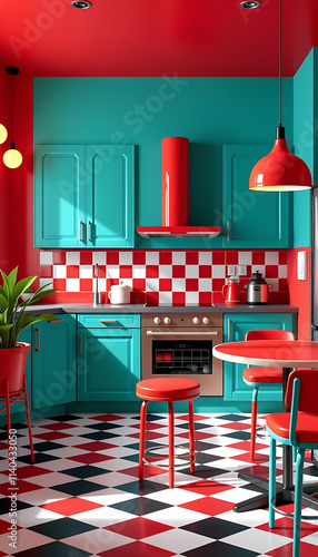 Retro diner-inspired kitchen with bold colors and checkerboard flooring. background copyspace photo