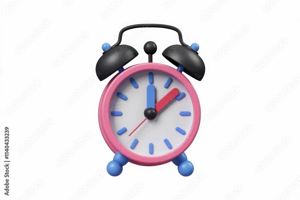 A pink 3D rendered alarm clock with black bells showing the time. A pink 3D rendered alarm clock with black bells showing the time.