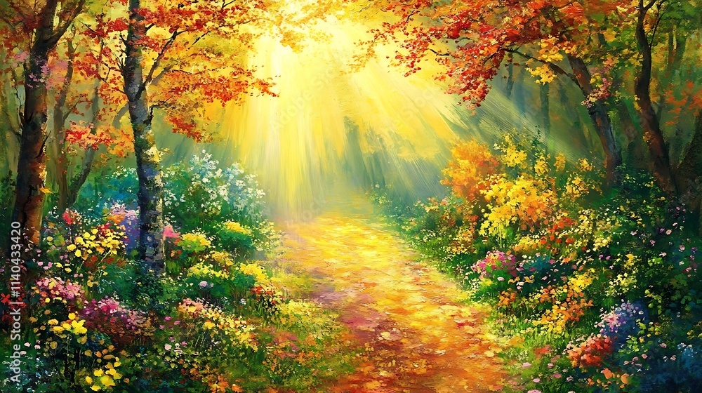 Fototapeta premium Golden Autumn Sunlight Streaming Through a Forest Path. AI Generated
