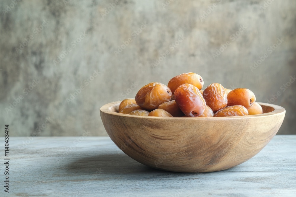 Fresh Dates in a Wooden Bowl on a Rustic Table Fresh Dates in a Wooden Bowl on a Rustic Table