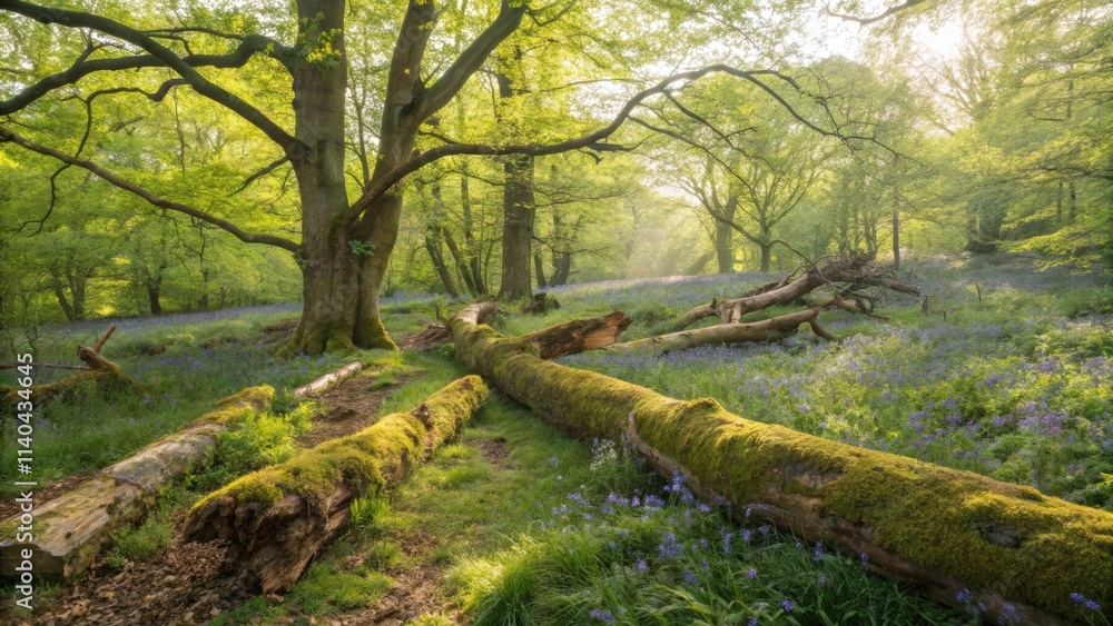 Fallen mossy tree trunks resting in a clearing filled with vibrant bluebells during a serene spring sunrise, creating a tranquil and enchanting woodland atmosphere Fallen mossy tree trunks resting in a clearing filled with vibrant bluebells during a serene spring sunrise, creating a tranquil and enchanting woodland atmosphere
