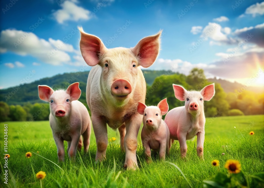 Happy Pig Family Farm Animals, Cute Cartoon Pigs, Mother Pig, Baby Pigs, Family Portrait, Farm Scene, Adorable Piglets Happy Pig Family Farm Animals, Cute Cartoon Pigs, Mother Pig, Baby Pigs, Family Portrait, Farm Scene, Adorable Piglets