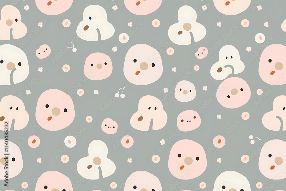 Whimsical Grey & Pink Seamless Pattern: This charming, repeating pattern features adorable pink and white cartoon-like faces, creating a cheerful and whimsical design perfect for children's products. Whimsical Grey & Pink Seamless Pattern: This charming, repeating pattern features adorable pink and white cartoon-like faces, creating a cheerful and whimsical design perfect for children's products.