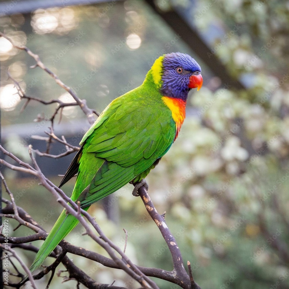Stunning close-up of a vibrant Rainbow Lorikeet perched on a branch, showcasing its brilliant multicolored plumage Stunning close-up of a vibrant Rainbow Lorikeet perched on a branch, showcasing its brilliant multicolored plumage