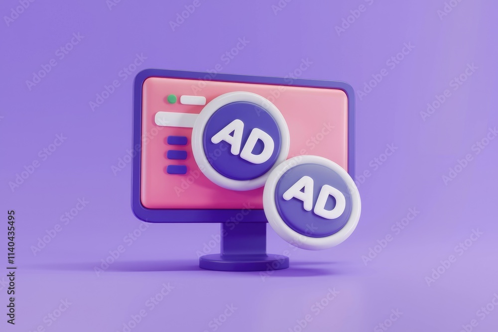 3D illustration of two AD icons on a computer screen representing online advertising. 3D illustration of two AD icons on a computer screen representing online advertising.