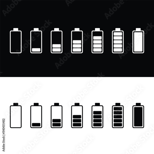 A set of flat vector icons showing battery symbols at various charge levels