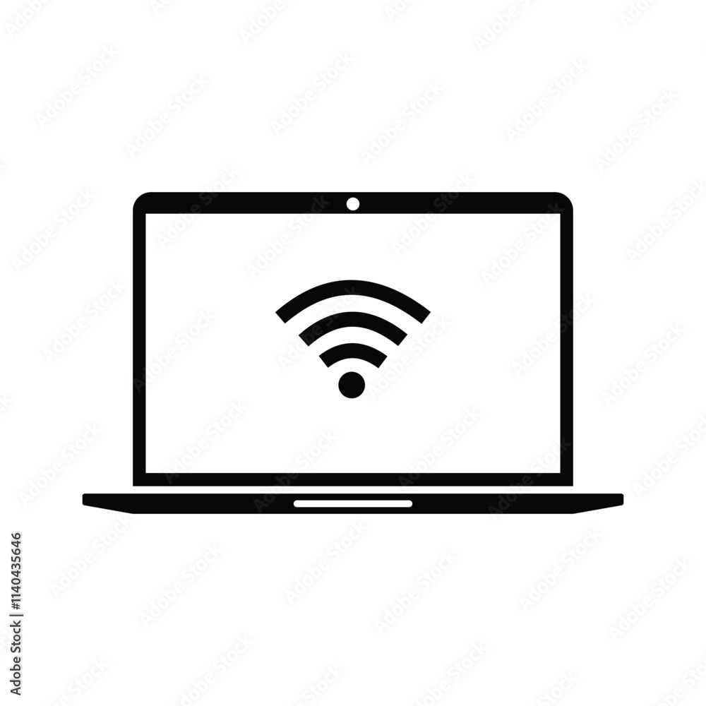 Black and white vector icon of a laptop screen with a Wi-Fi symbol Black and white vector icon of a laptop screen with a Wi-Fi symbol