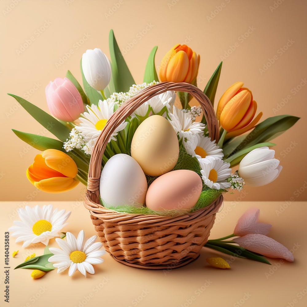 Easter-Themed Illustration: Mini Basket of Eggs with Fresh Spring Blooms Easter-Themed Illustration: Mini Basket of Eggs with Fresh Spring Blooms
