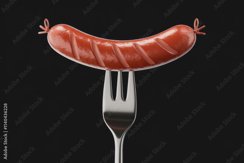 A single grilled sausage rests on a fork against a black backdrop. A single grilled sausage rests on a fork against a black backdrop.