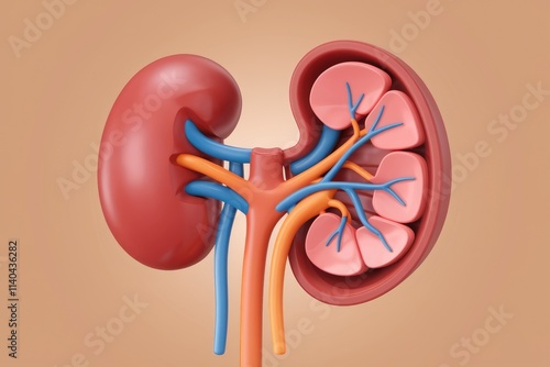 3D model of a human kidney  showcasing its internal structure  renal pyramids  and vascular system. photo