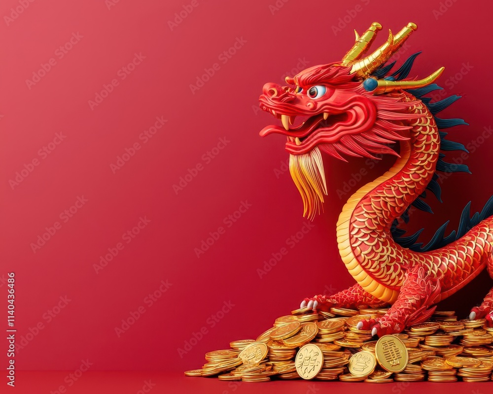 Obraz premium A majestic dragon coiled around a glowing pile of coins and gold bars, symbolizing wealth during the Chinese New Year