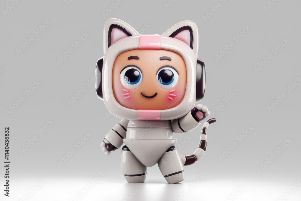 Adorable 3D render of a cute cat like robot astronaut waving. Adorable 3D render of a cute cat like robot astronaut waving.