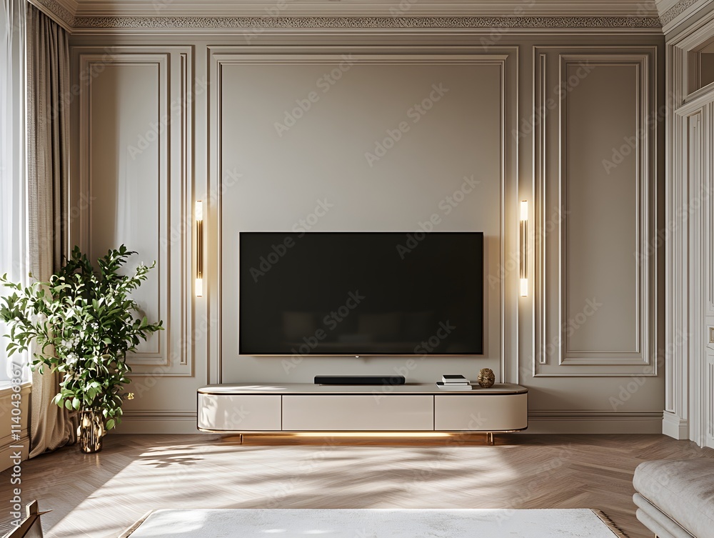 Modern living room with a TV, elegant decor, and a plant. Modern living room with a TV, elegant decor, and a plant.