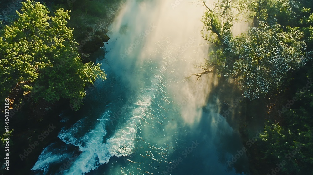 Obraz premium Aerial View of a Misty River in a Lush Forest at Sunrise. AI Generated