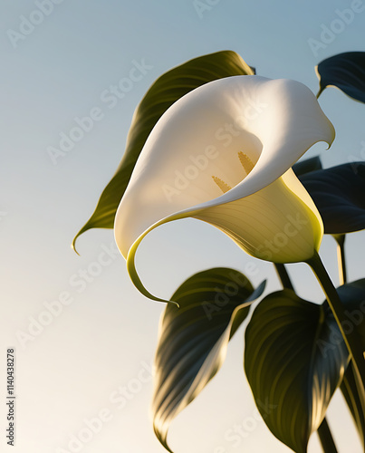 Beautiful Calla Lilies in the morning, bathed in soft sunlight. The elegant white petals and vibrant green leaves create a serene and aesthetic scene. Created With Generative AI. photo