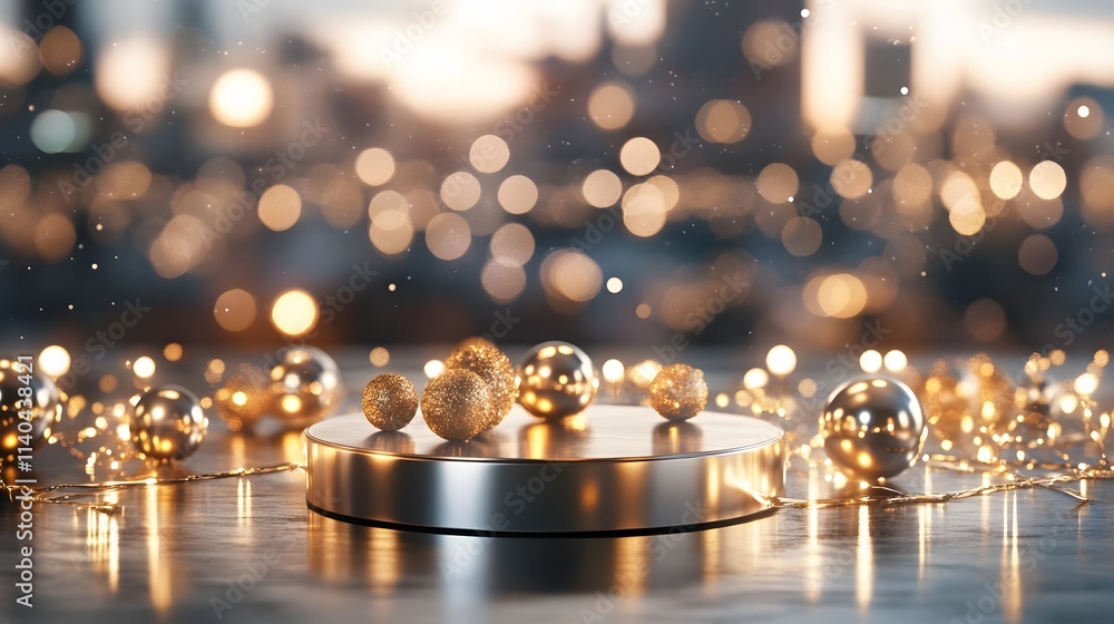 A sleek, silver podium decorated with golden New Year is decorations and illuminated by soft lighting, set against a festive city skyline