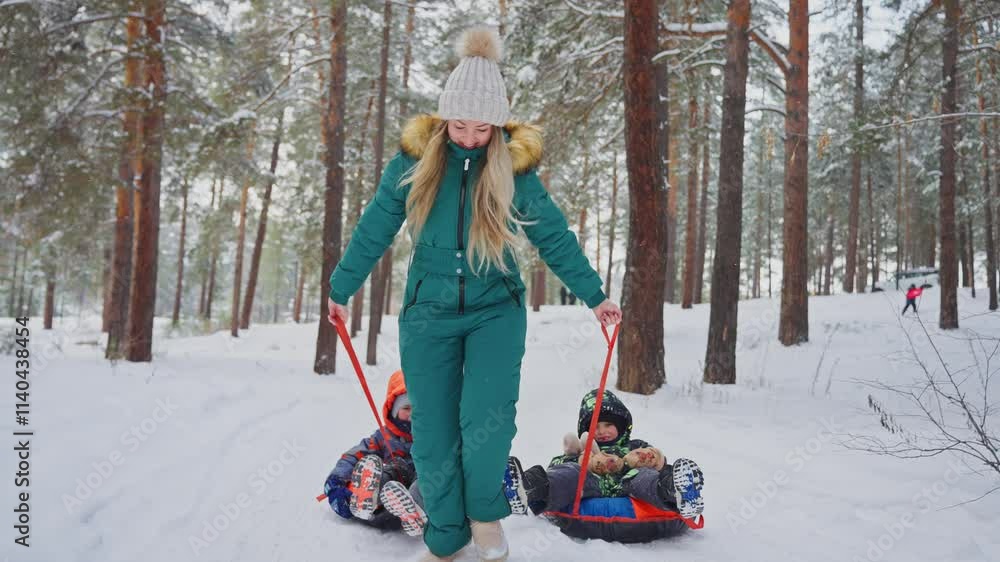 Winter fun in the snow as mother pulls children on sleds through the forest