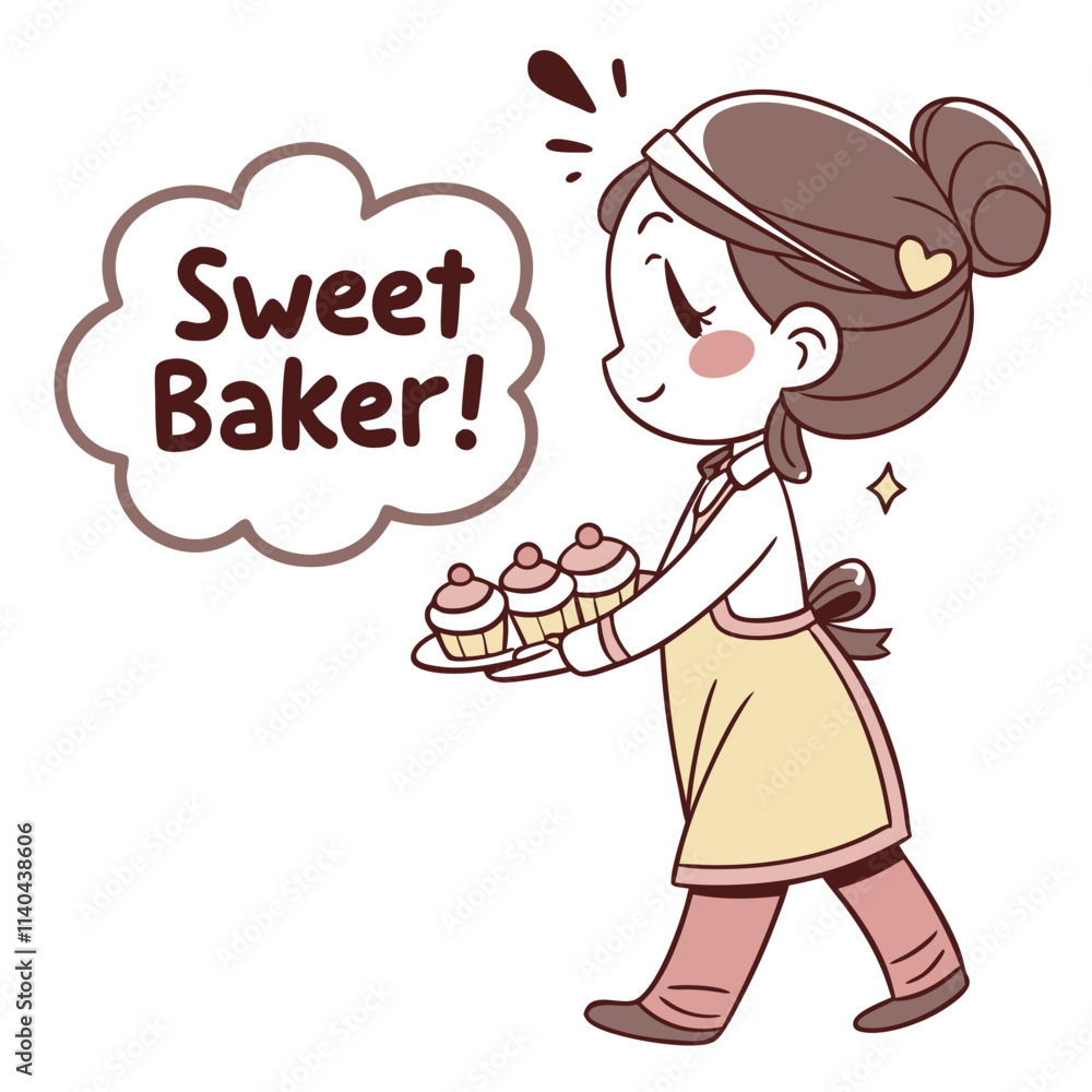 Cheerful Cartoon Baker Character Carrying Cupcakes with Sweet Baker Text Bubble Cheerful Cartoon Baker Character Carrying Cupcakes with Sweet Baker Text Bubble